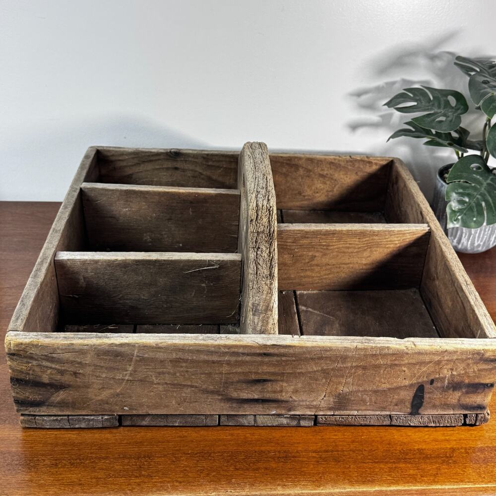 Antique Primitive Wooden Tool Caddy Divided Carrier Tote Rustic Farmhouse